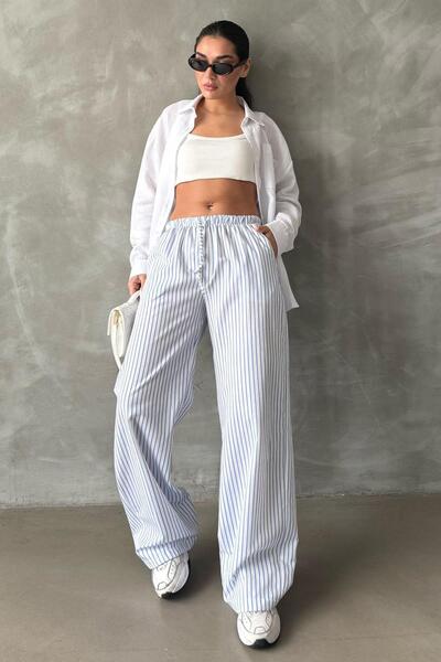 Madmext Mavi Beli Ayarlanabilir Çizgili Cepli Bol Paça Kadın Pantolon Mg2312