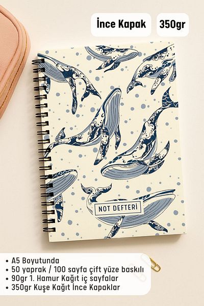 Eldesen Tasarım A5 Spiral Dotted School Notebook, 50 Sheets 100 Pages, Cardboard Cover Notepad, Whales
