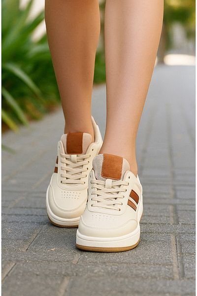 Nstil Daily Unisex Beige Sneaker Lace-Up Stitching Detail Serrated Sole Ankle Supported Sports Shoes 351