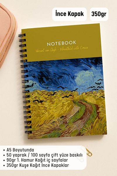 Eldesen Tasarım Van Gogh A5 Spiral Checkered School Notebook, 50 Sheets 100 Pages, Cardboard Cover Notepad, Crows