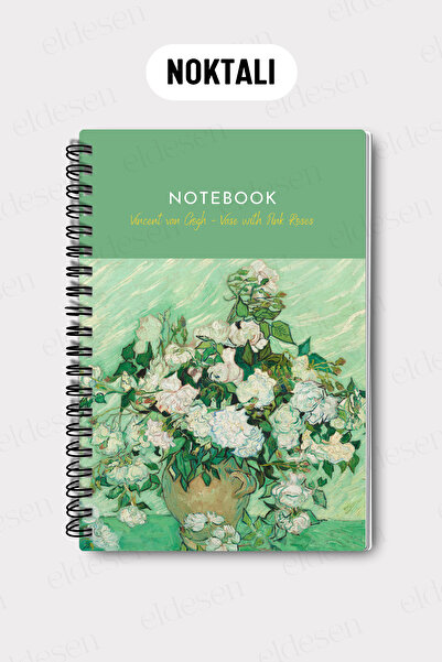 Eldesen Tasarım Van Gogh A5 Spiral Dotted School Notebook, 50 Sheets 100 Pages, Cardboard Cover Notepad, Vase