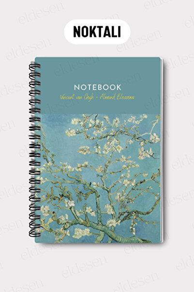 Eldesen Tasarım Van Gogh A5 Spiral Dotted School Notebook, 50 Sheets 100 Pages, Cardboard Cover Notebook, Almond