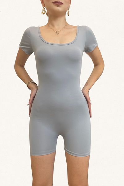 Thestiluxe Backless Short Sleeve Gathering Sports Jumpsuit