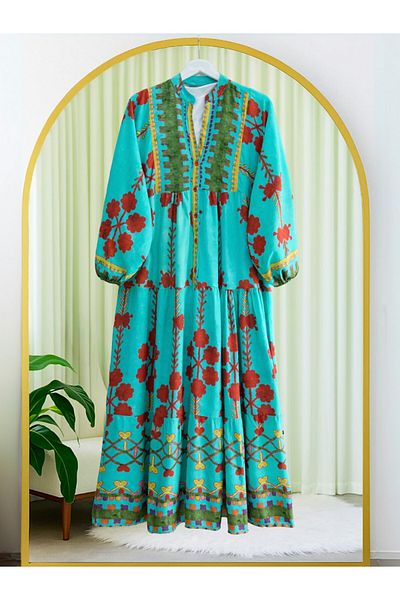 Modamorfo Elastischer Revers-Halbknopf-Viskose-Kleid -Türkis