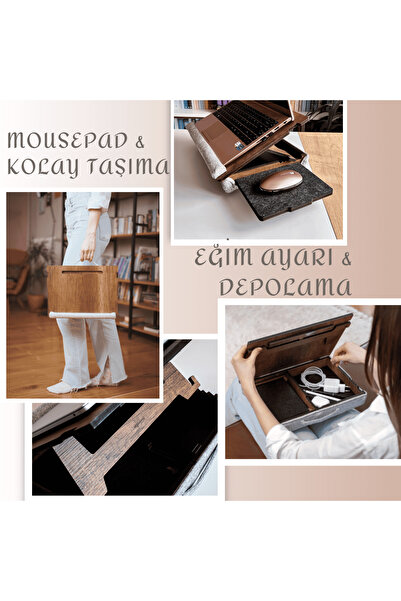 Vigo Wood - Eğim Ayarlanabilir Çekmeceli Mousepad Minderli Laptop Sehpası - Ceviz Ls051