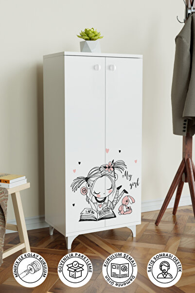 Hediyeler Kapında Happy Girl Çocuk Odası Beyaz Dolap 3 Raflı Çok Amaçlı Baskı...
