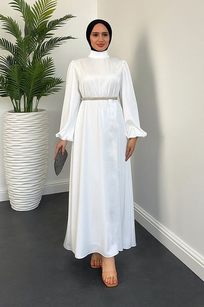 STİLZERAFET Almina Belt Pearl Satin Evening Dress