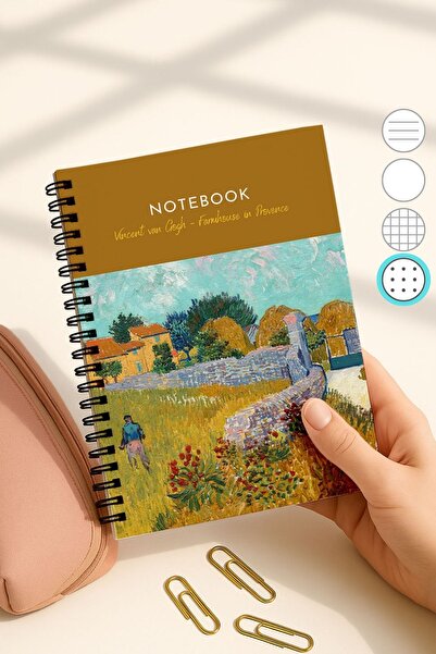 Eldesen Tasarım Van Gogh A5 Spiral Dotted School Notebook, 50 Sheets 100 Pages, Cardboard Cover Notebook, Farm
