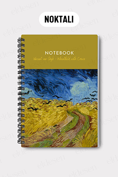 Eldesen Tasarım Van Gogh A5 Spiral Dotted School Notebook, 50 Sheets 100 Pages, Cardboard Cover Notebook, Crows