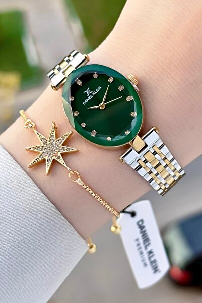 Daniel Klein Kadranı Yeşil Kordonu Gold Gümüş Renk Kadın Kol Saati ve Bileklik