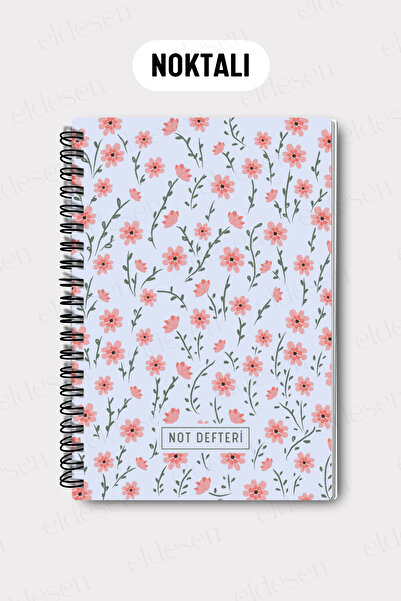 Eldesen Tasarım A5 Spiral Dotted School Notebook, 50 Sheets 100 Pages, Cardboard Cover Notepad, Blue Floral