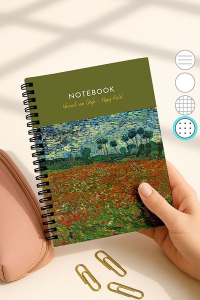 Eldesen Tasarım Van Gogh A5 Spiral Dotted School Notebook, 50 Sheets 100 Pages, Cardboard Cover Notepad, Poppy