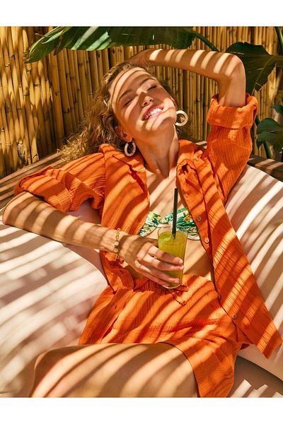 Jimmy Key Orange Long Sleeve Button Detailed Woven Shirt
