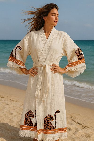 LaraLisa 4 Layers Natural Muslin Cotton Fabric Chemical Treatment Unprocessed Hand Printed Kaftan Kimono Peshtemal Bathrobe