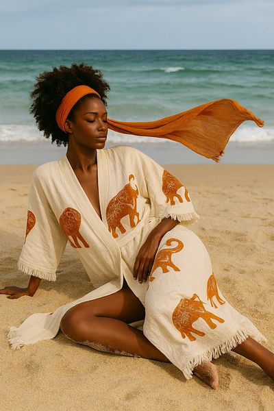 LaraLisa 4 Layers Natural Muslin Cotton Fabric Chemical Treatment Unprocessed Hand Printed Kaftan Kimono Peshtemal Bathrobe