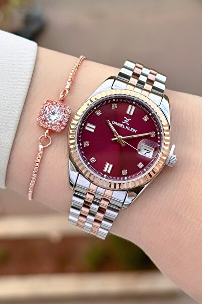 Daniel Klein Kadranı Bordo Kordonu Bronz Metalik Renk Hediye Paketli Kadın Ko...