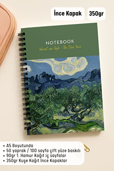 Eldesen Tasarım Van Gogh A5 Spiral Dotted School Notebook, 50 Sheets 100 Pages, Cardboard Cover Notepad, Olive