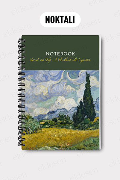 Eldesen Tasarım Van Gogh A5 Spiral Dotted School Notebook, 50 Sheets 100 Pages, Cardboard Cover Notebook, Wheat