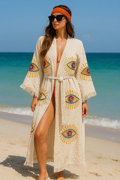 LaraLisa Collection 4 Layers Natural Muslin Cotton Fabric Chemical Treatment Unprocessed Hand Printed Kaftan Kimono Peshtemal Bathrobe