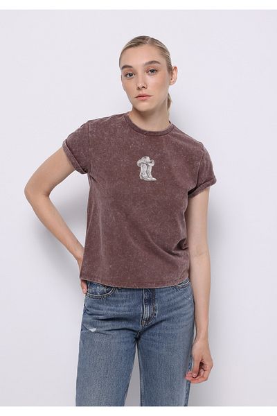 Colin's Slim Fit Round Neck Printed Women's Brown Short Sleeve T-Shirt