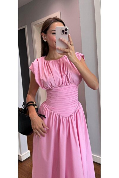 zavina Pinterest Midi Elbise Poplin Kumaş Beli Büzgü Tasarım