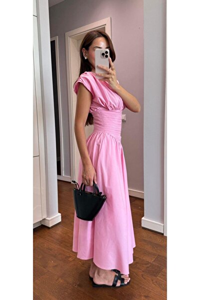 zavina Pinterest Midi Elbise Poplin Kumaş Beli Büzgü Tasarım