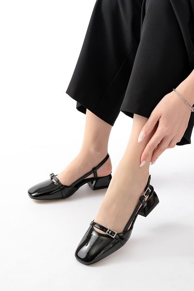 macella Laris Black Patent Leather Stone Buckle Square Toe Short Heel Daily Comfortable Ballerina Women's Heeled Shoes