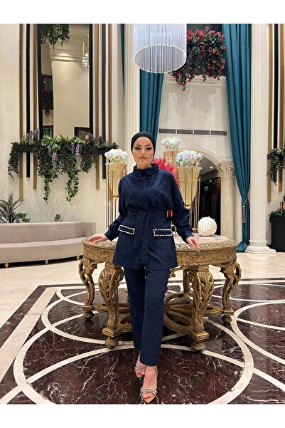 comstar Women's Jacquard Waist Belted Pocket Stone Bottom Top Set