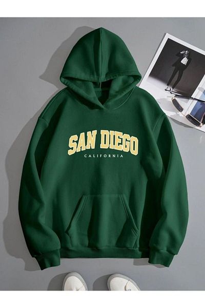 Sweetline San Diego California Sweatshirt - Nefti Green Printed Oversize Winter Thick Hoodie