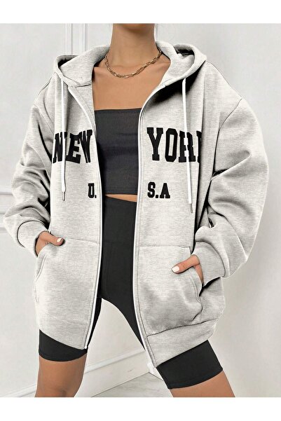Sweetline New York U.S.A Fermuarlı Hırka Sweatshirt - Gri Baskılı Oversize Kı...