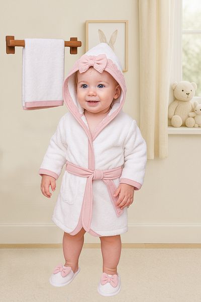 Sitilin Luxury Baby Girl Bathrobe and Towel Set - 100% Cotton, 0-2 Years, Stl6771