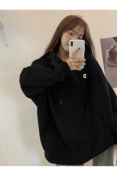 Sweetline Hanorac cardigan cu fermoar cu sigla C - Hanorac cu cap de iarnă su...