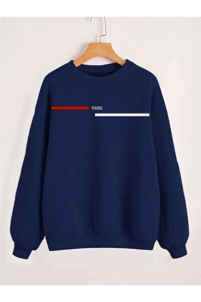 Sweetline Світшот Paris Çizgi - Темно-синій з принтом, оверсайз, зимовий, товстий, з коміром-стійкою