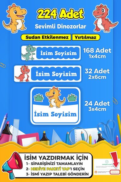 SB store Dinozor Temalı Kişiye Özel Okul Kreş Isim Etiket Seti - Model 141