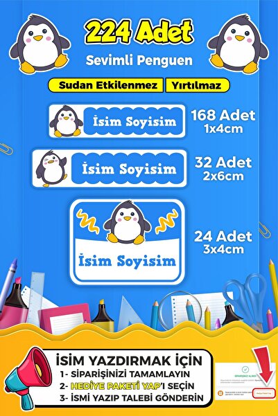 SB store Penguen Temalı Kişiye Özel Okul Kreş Isim Etiket Seti - Model 151