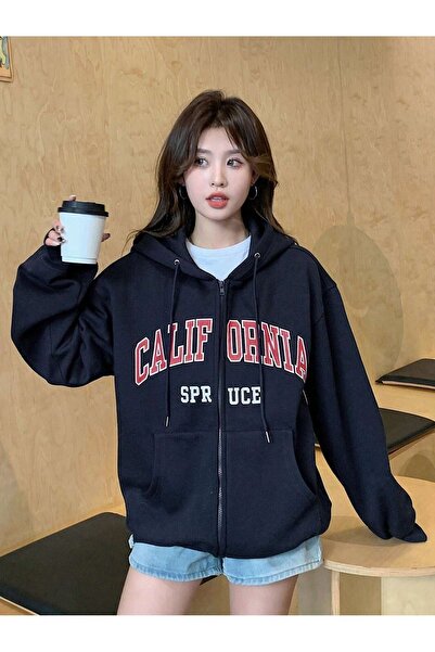 Sweetline Hanorac cardigan cu fermoar din molid californian - Hanorac cu glugă gros de iarnă supradimensionat cu imprimeu negru