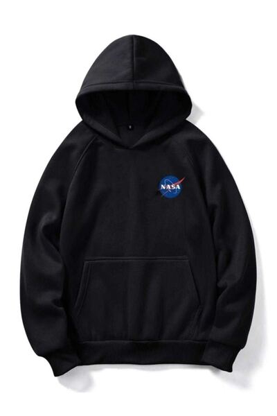 Sweetline Nasa Logo Sweatshirt - Siyah Baskılı Oversize Kışlık Kalın Kapüşonlu