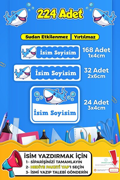 SB store Sevimli Köpek Balığı Okul Kreş Etiketi Kalem Defter Özel Isim Yazıla...