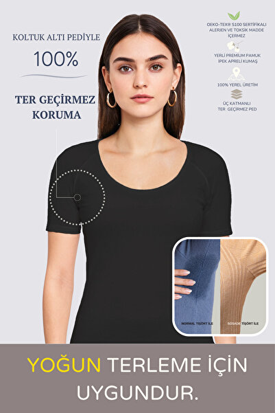 sosade Dar Kesim Basic Tişört ·100% Ter Koruyucu Koltukaltı Pedli -ter Emici,koku,leke Engelleyici Ter Pedi