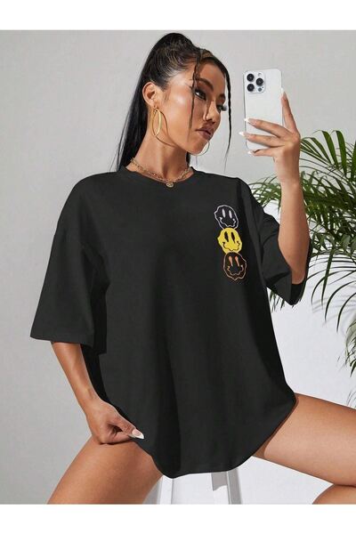 CLAYES Μαύρο μπλουζάκι με στάμπα Emoji Oversize - Crew Neck, κοντό μανίκι