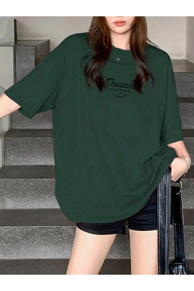 CLAYES Green Oversize T-Shirt, Black Printed Short Sleeve and Crew Neck T-Shirt