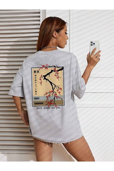CLAYES Gray Oversize Crew Neck Short Sleeve Flower Festival T-Shirt