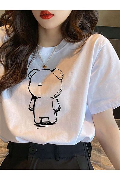 CLAYES Тениска Lonely Bear Jersey - бяла тениска с голямо деколте с принт