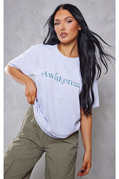 CLAYES Сіра футболка Oversize Awaken - Oversize з принтом