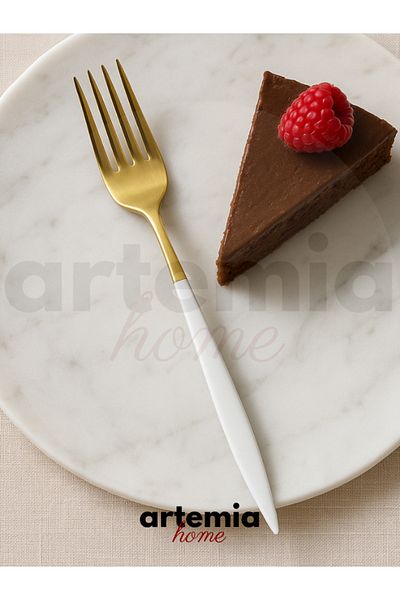 DMR LİFE Gold Dine White 6 Piece Dessert Fork |   Gold |   6 People |   18/10 Stainless Steel