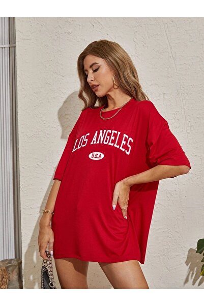 CLAYES Μπλουζάκι Los Angeles U.s.a - Κόκκινο εμπριμέ κοντομάνικο μπλουζάκι με λαιμόκοψη