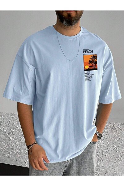 CLAYES Tricou cu sigla de plajă - mânecă scurtă oversize cu imprimeu Baby Blue