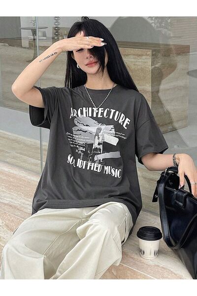 CLAYES Архітектура Süprem T-Shirt - Фума з принтом Oversize велосипедний комір короткий рукав футболка