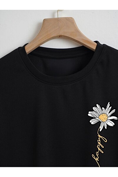 CLAYES Μαύρο μπλουζάκι με στάμπα Happy Daisy - Oversize Crew Neck