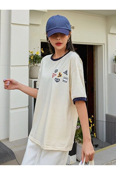CLAYES Uncool Beige Body Navy Blue Piping T-Shirt - Oversize Crew Neck Short Sleeve T-Shirt